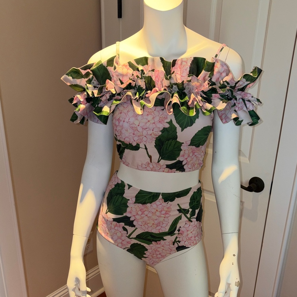 Floral Ruffle Off-Shoulder Swimsuit with Matching Skirt